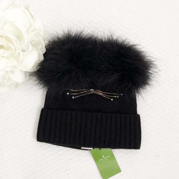 Kate Spade Cat Beanie With Marabou Pom 